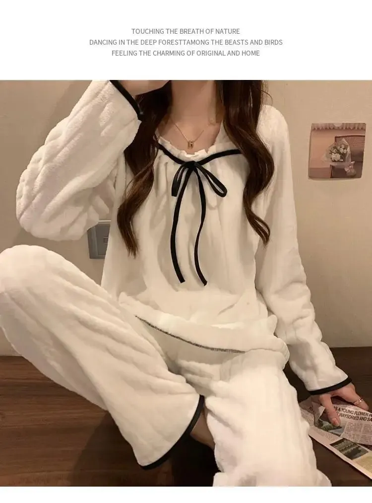 Coral Fleece Pajama Sets for Women – Autumn/Winter Thick Warm Long Sleeve Sleepwear, Sweet Nightgown Pijama Suit, Mujer Homewear