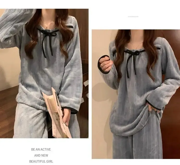 Coral Fleece Pajama Sets for Women – Autumn/Winter Thick Warm Long Sleeve Sleepwear, Sweet Nightgown Pijama Suit, Mujer Homewear