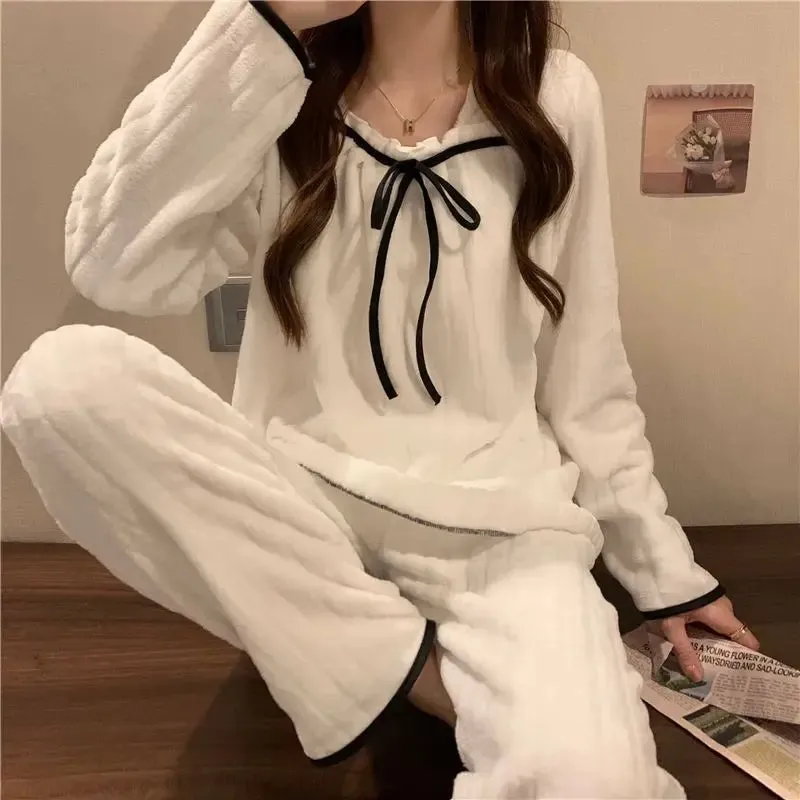 Coral Fleece Pajama Sets for Women – Autumn/Winter Thick Warm Long Sleeve Sleepwear, Sweet Nightgown Pijama Suit, Mujer Homewear