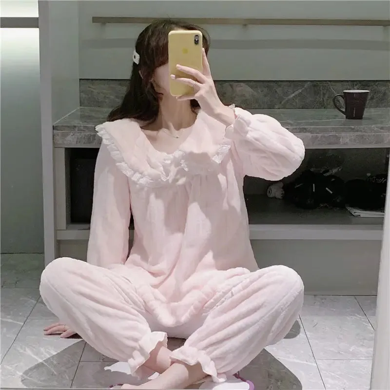 Coral Fleece Pajama Sets for Women – Autumn/Winter Thick Warm Long Sleeve Sleepwear, Sweet Nightgown Pijama Suit, Mujer Homewear