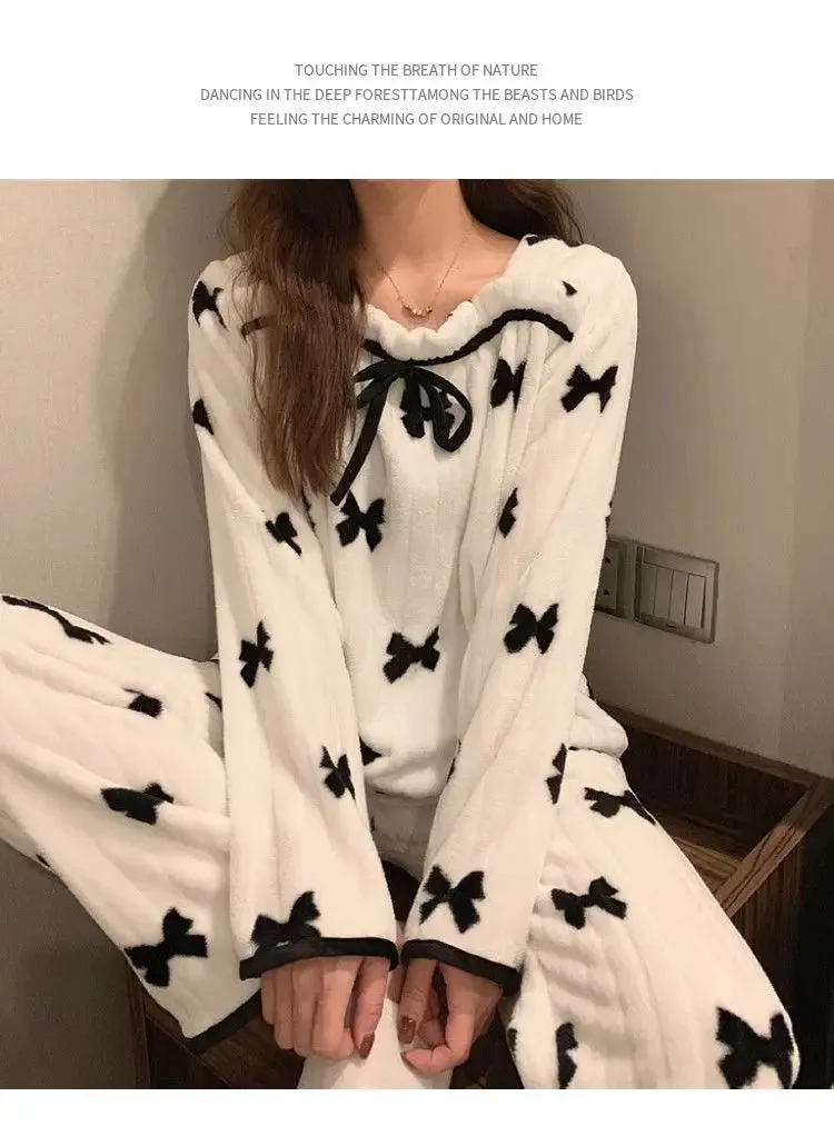 Coral Fleece Pajama Sets for Women – Autumn/Winter Thick Warm Long Sleeve Sleepwear, Sweet Nightgown Pijama Suit, Mujer Homewear