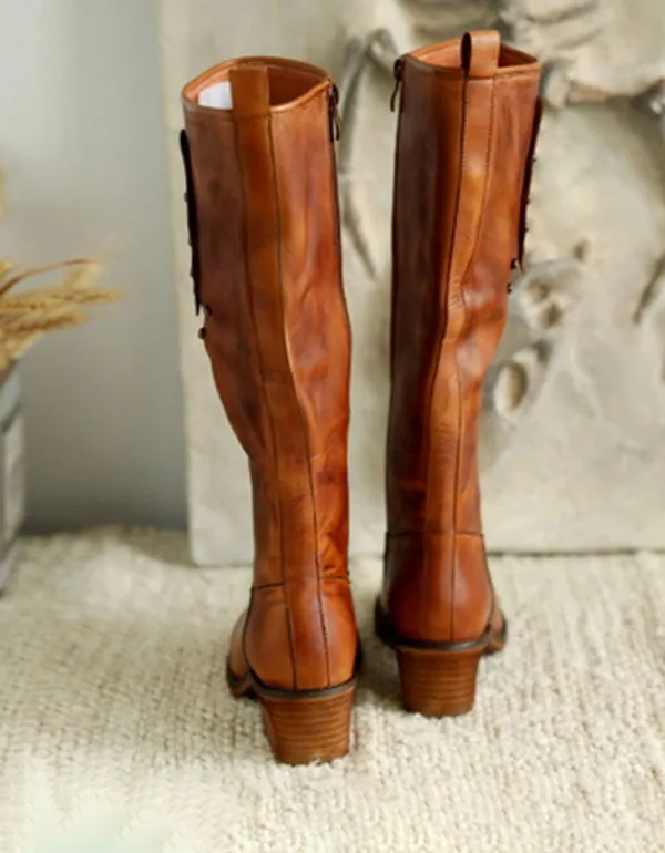 Cowhide Handmade Retro Leather Long Boots Winter