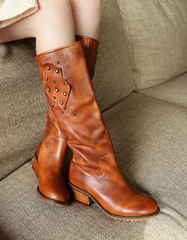 Cowhide Handmade Retro Leather Long Boots Winter