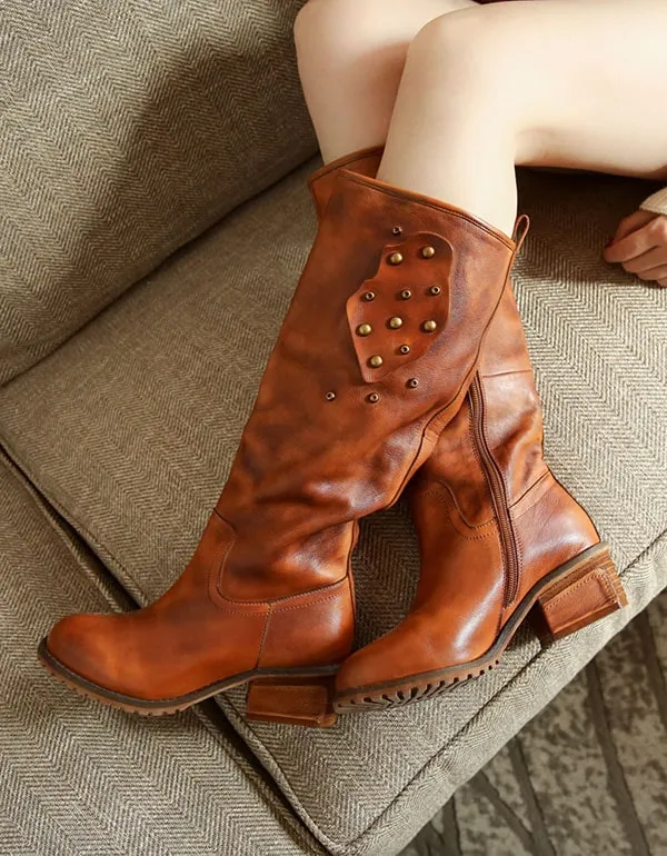 Cowhide Handmade Retro Leather Long Boots Winter