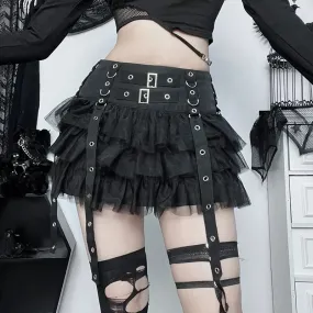 'Dark Fairytale' Black Ruffle Buckle Goth Mini Skirt