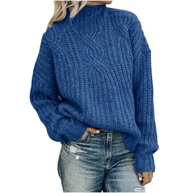 DressBetty - Turtleneck Jacquard Sweater Women Vintage Casual Loose Solid Long Sleeve Temperament Commute Knitted Pullover Top Pull