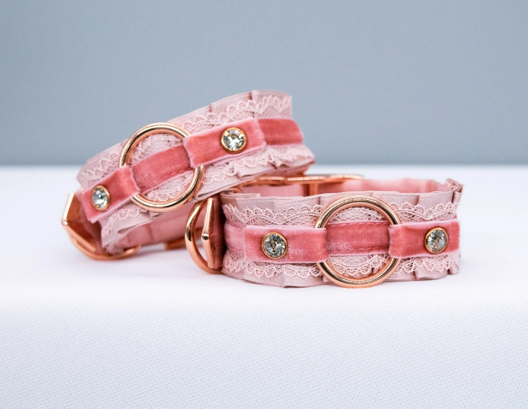 Dusty Rose, Blush Velvet and Lace - Rose Gold BDSM Cuffs