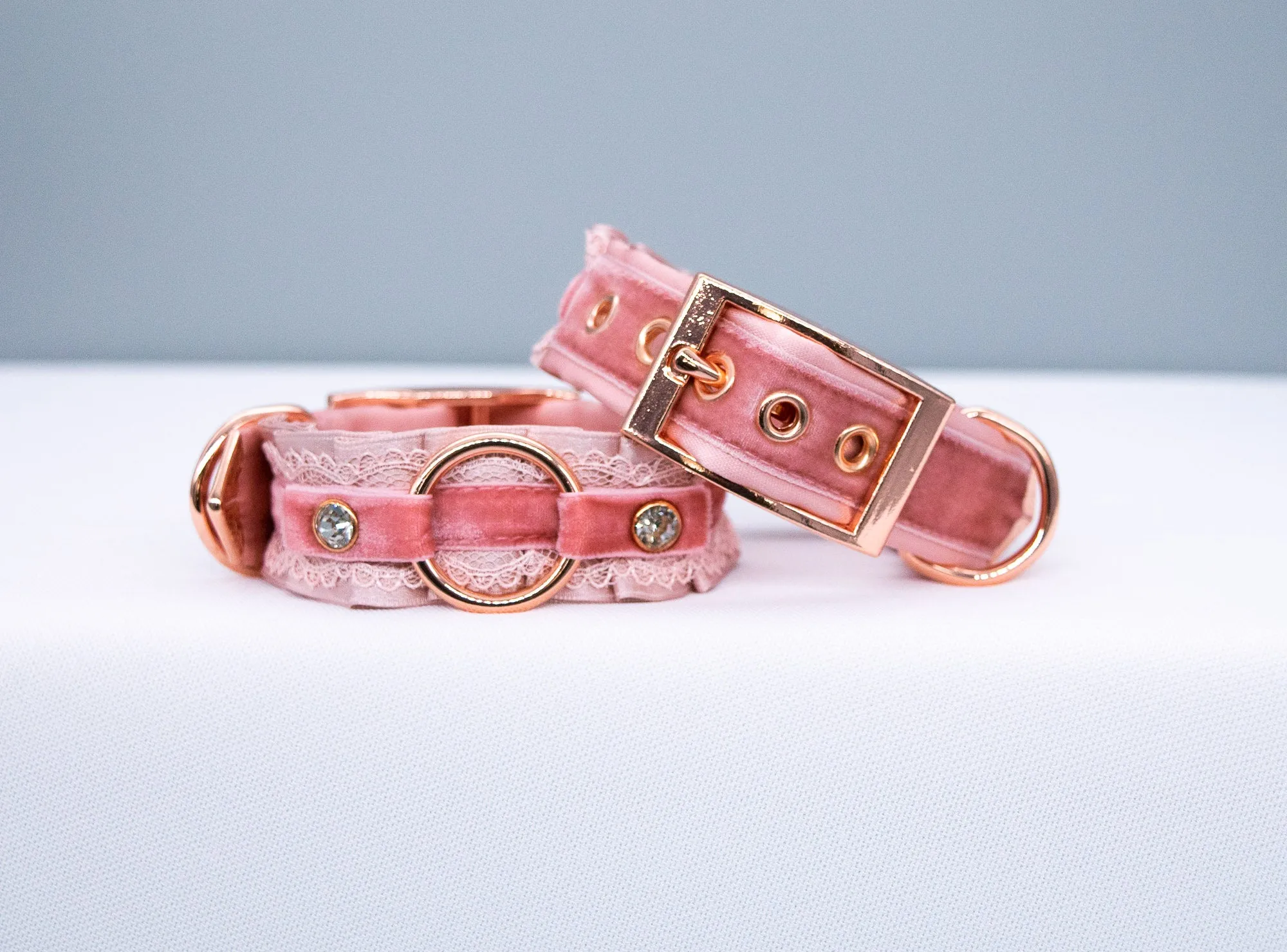 Dusty Rose, Blush Velvet and Lace - Rose Gold BDSM Cuffs