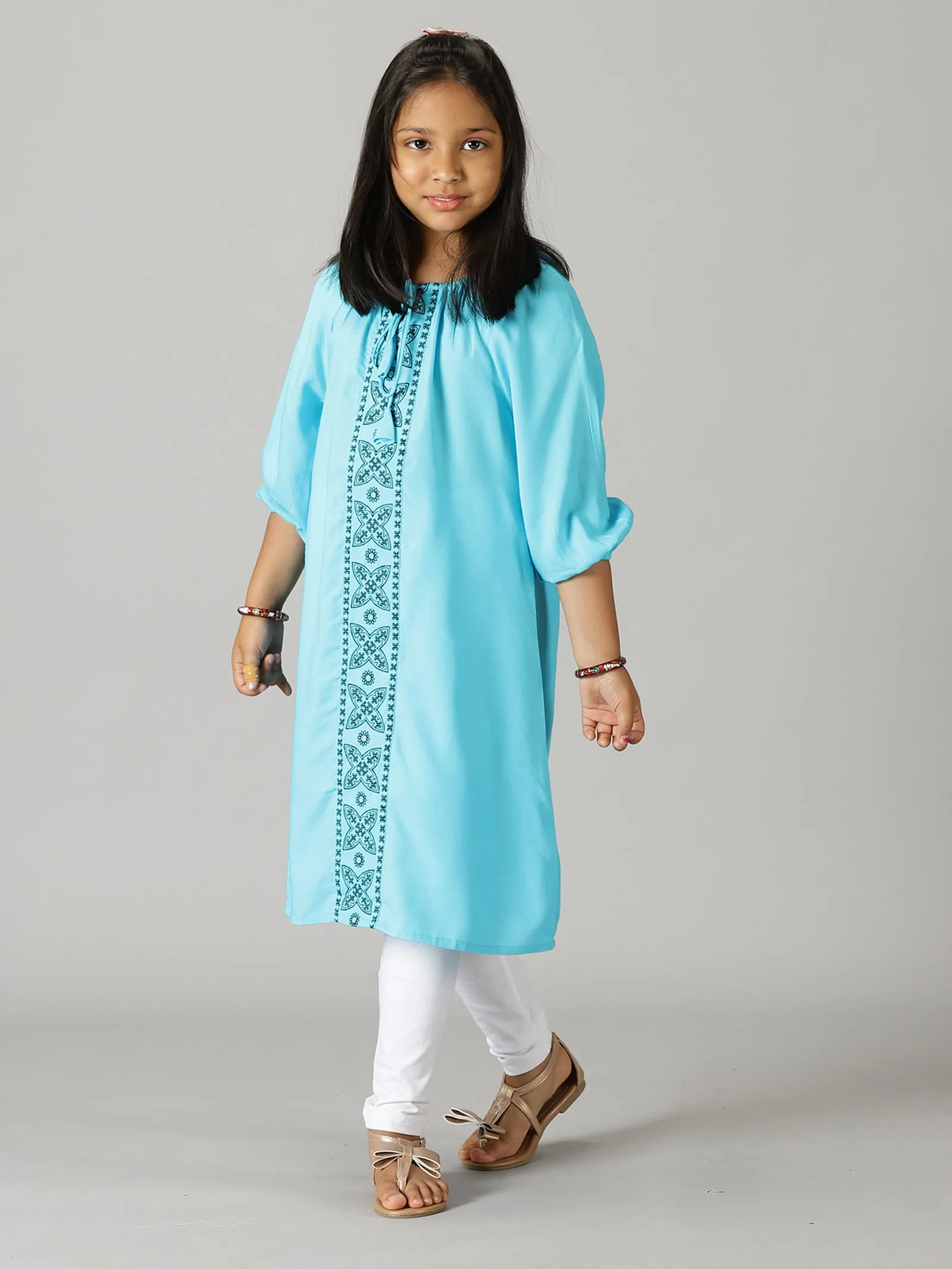 Girls Full Sleeve Neck Tie Up Kurta & Lycra Legging Set