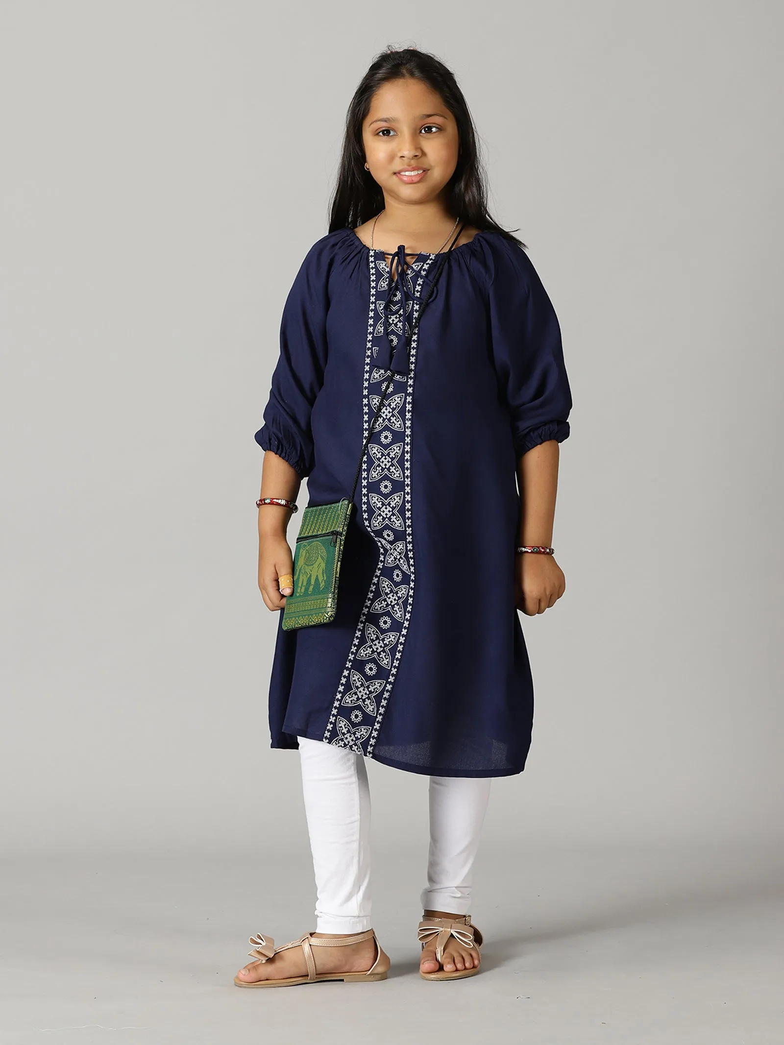 Girls Full Sleeve Neck Tie Up Kurta & Lycra Legging Set