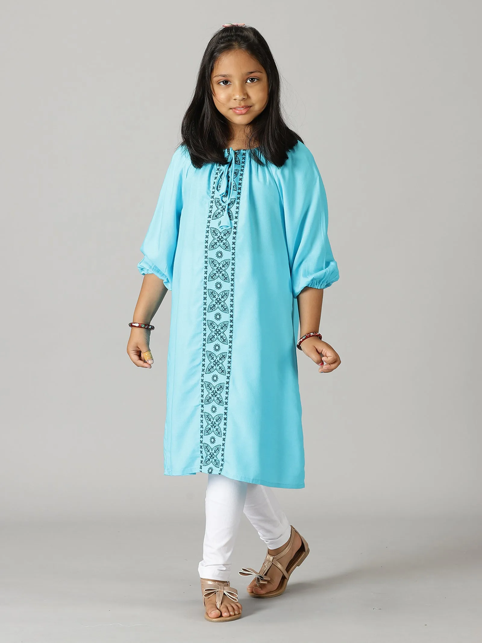 Girls Full Sleeve Neck Tie Up Kurta & Lycra Legging Set