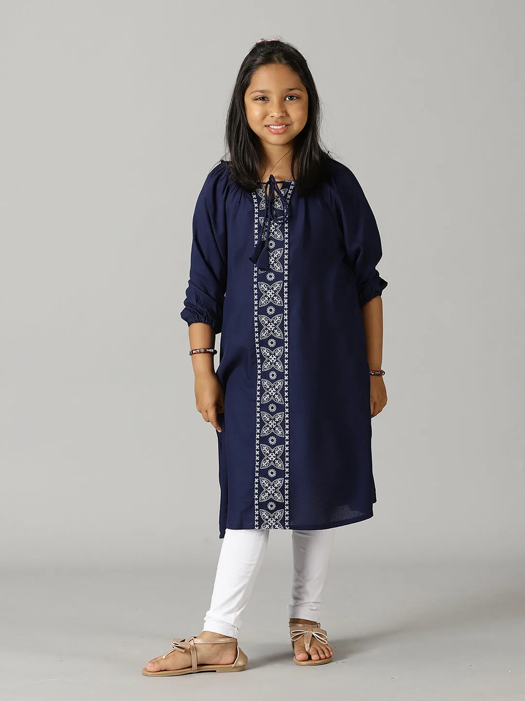 Girls Full Sleeve Neck Tie Up Kurta