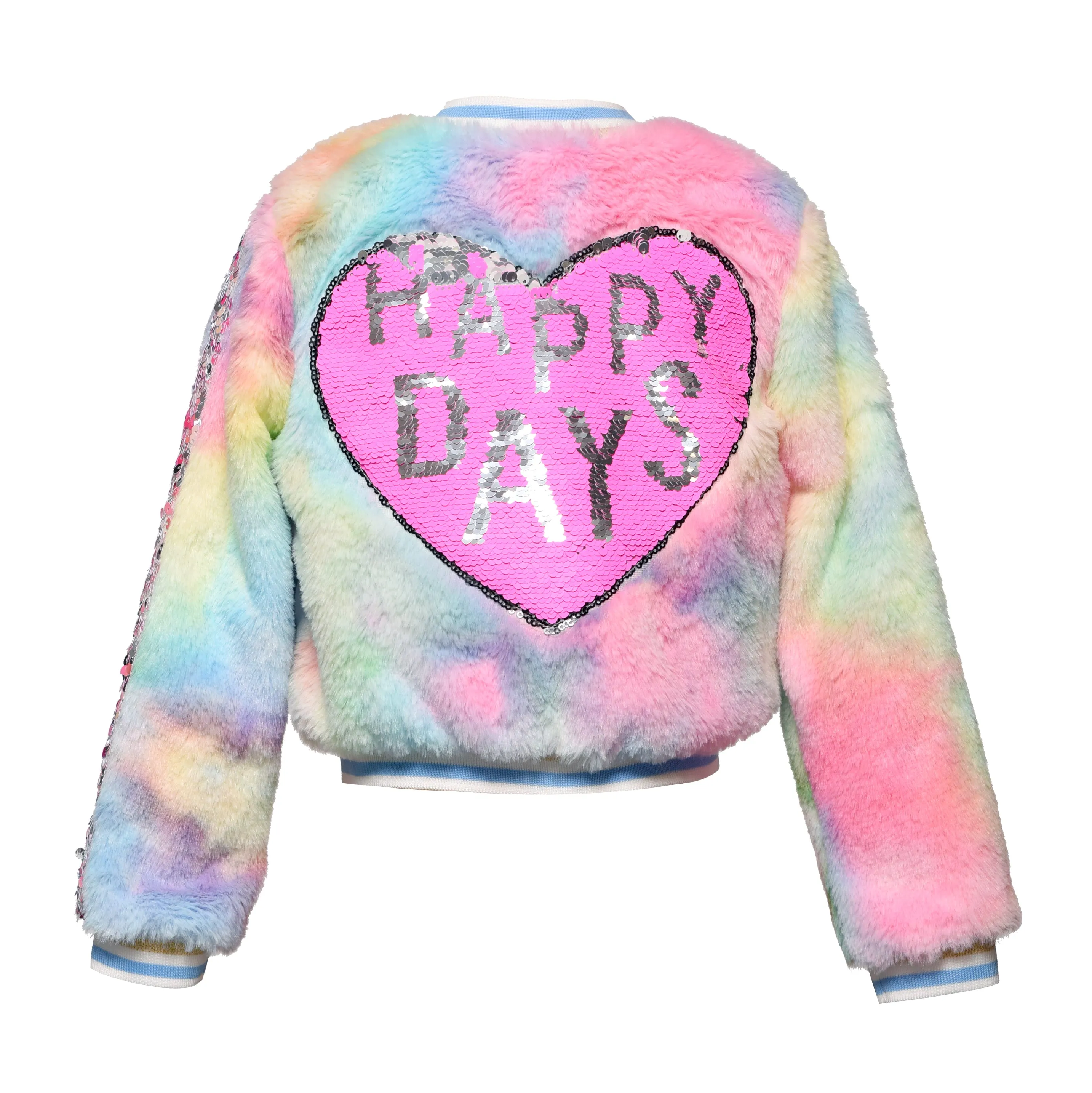 Girls Tie-Dye Faux Fur Rhinestone And Sequin Patch Detail Bomber Jacket