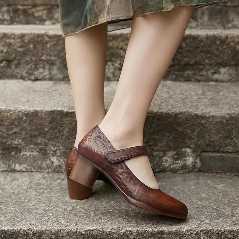 Handmade Leather Pumps Block Heel  Ankle Strap in Coffee/Brown