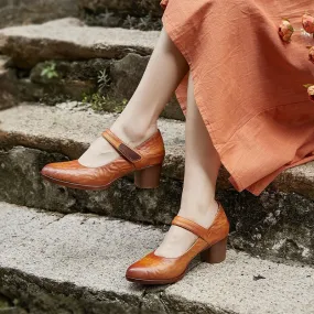 Handmade Leather Pumps Block Heel  Ankle Strap in Coffee/Brown