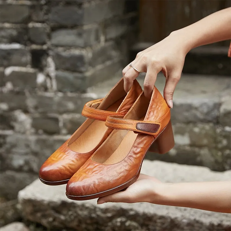 Handmade Leather Pumps Block Heel  Ankle Strap in Coffee/Brown