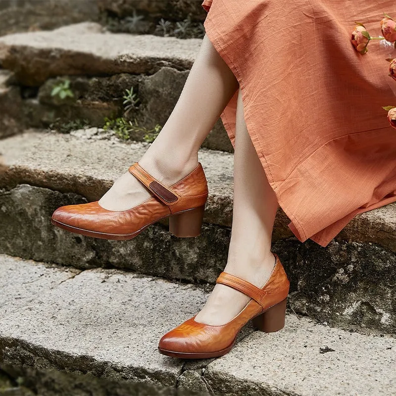 Handmade Leather Pumps Block Heel  Ankle Strap in Coffee/Brown