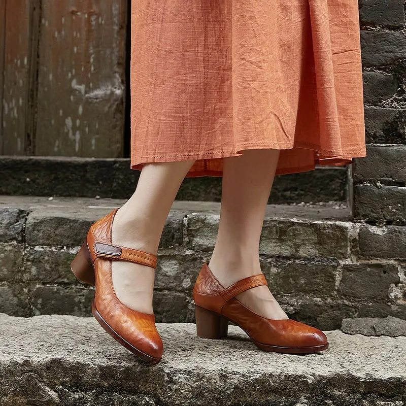 Handmade Leather Pumps Block Heel  Ankle Strap in Coffee/Brown