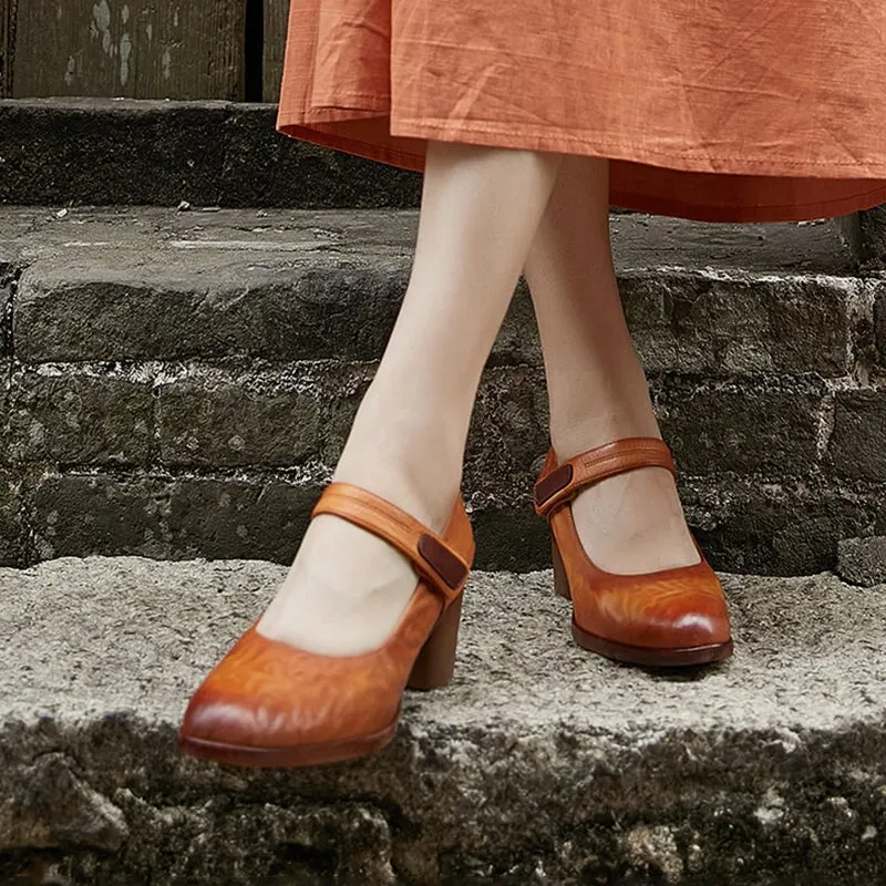 Handmade Leather Pumps Block Heel  Ankle Strap in Coffee/Brown