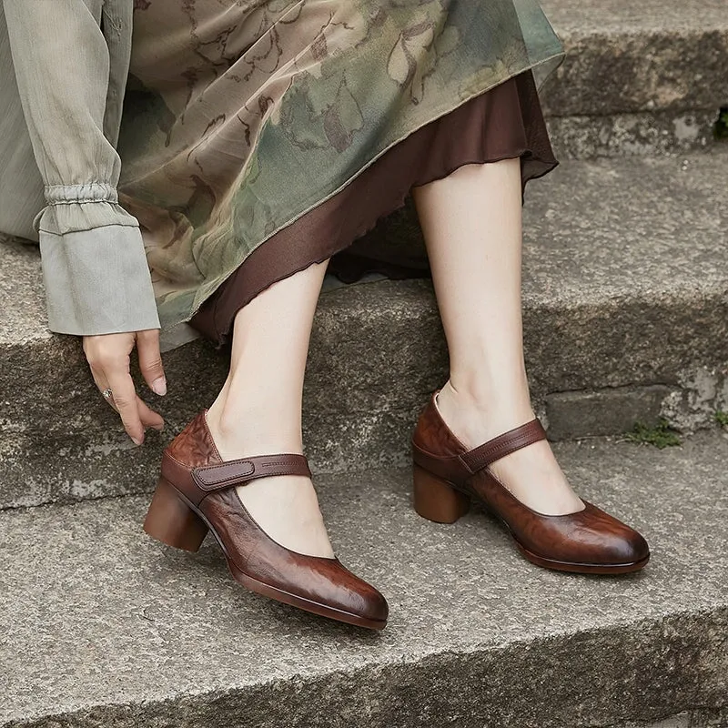 Handmade Leather Pumps Block Heel  Ankle Strap in Coffee/Brown