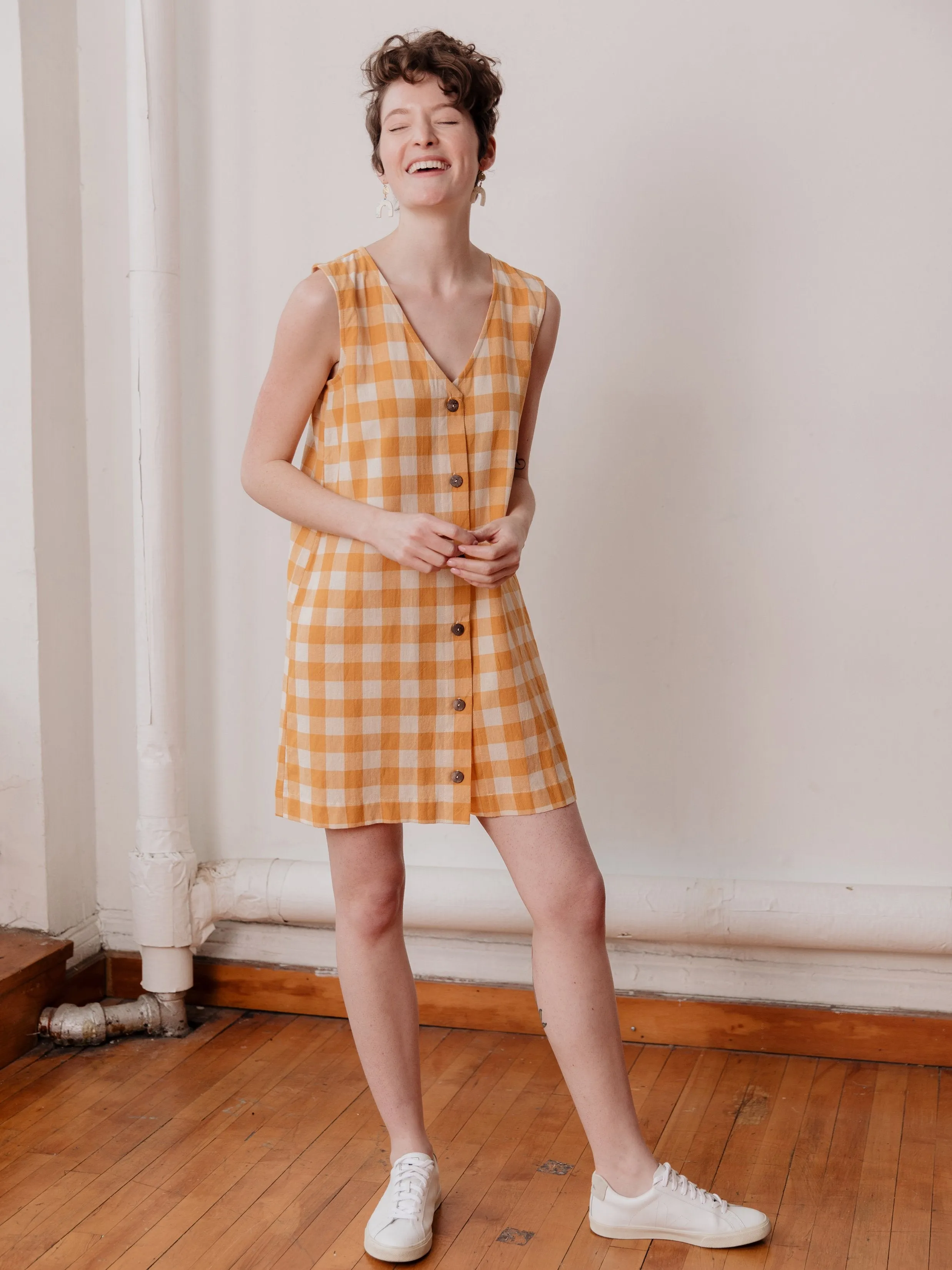 Jacklyn Shift Dress - Gold Gingham