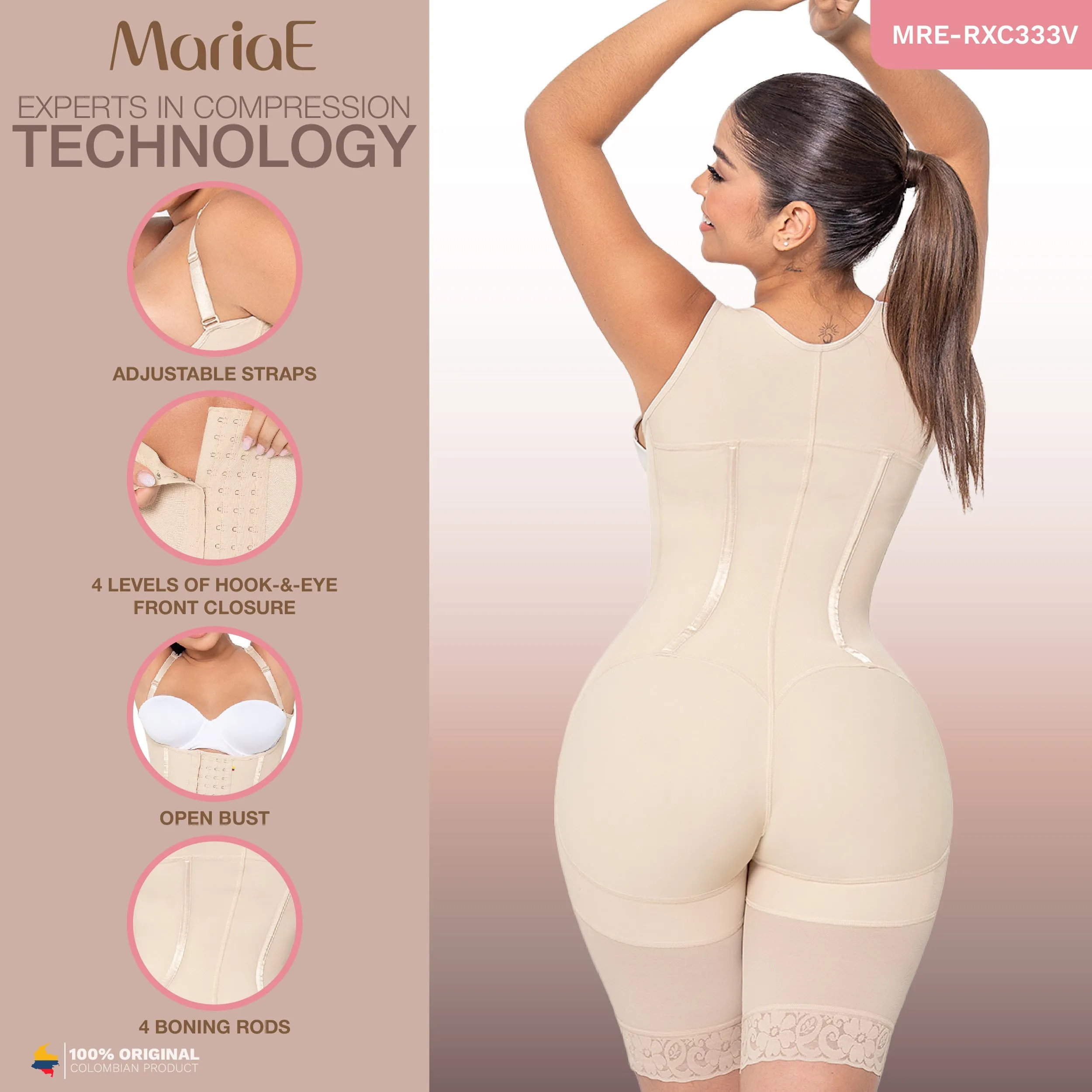 MARIAE RXC333V Fajas Colombianas Reductoras Moldeadoras Daily Use Shapewear Bodysuit High Compression Garment with Inner Elastic Bones