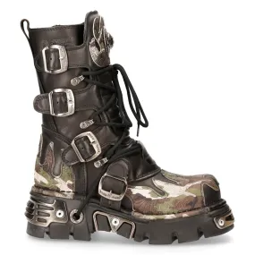 New Rock 591 S15 Camouflage Flame Metallic Black Leather Biker Goth Boot