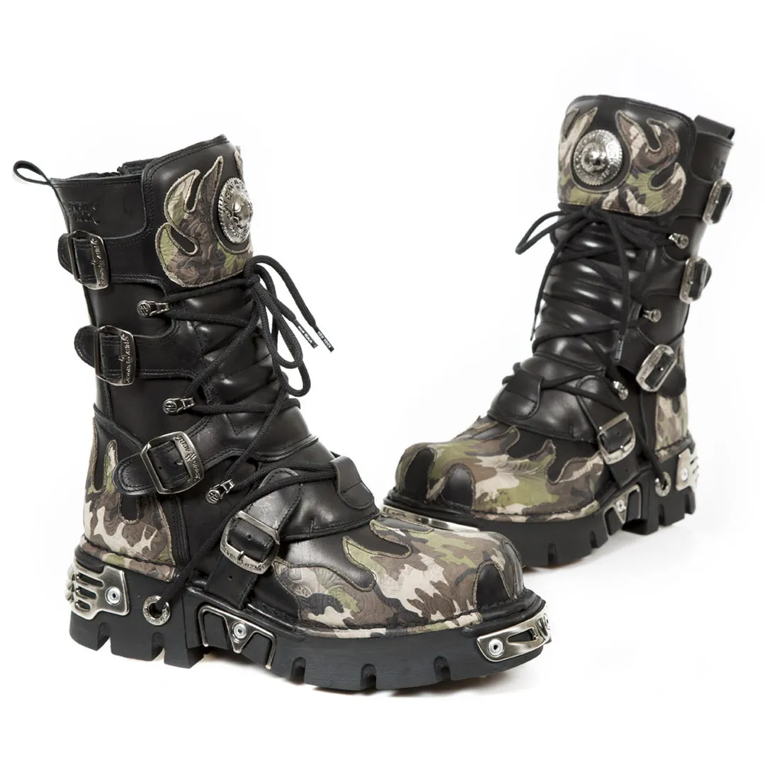 New Rock 591 S15 Camouflage Flame Metallic Black Leather Biker Goth Boot