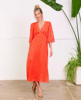 Orange Foil Chiffon Midi Dress