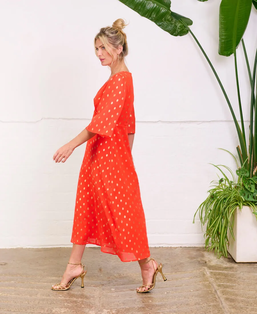 Orange Foil Chiffon Midi Dress