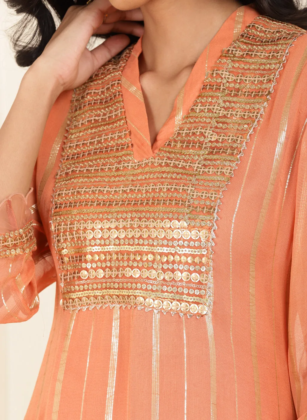 Peach  Co-ord Set with Sequin Work Kurta and Dhoti