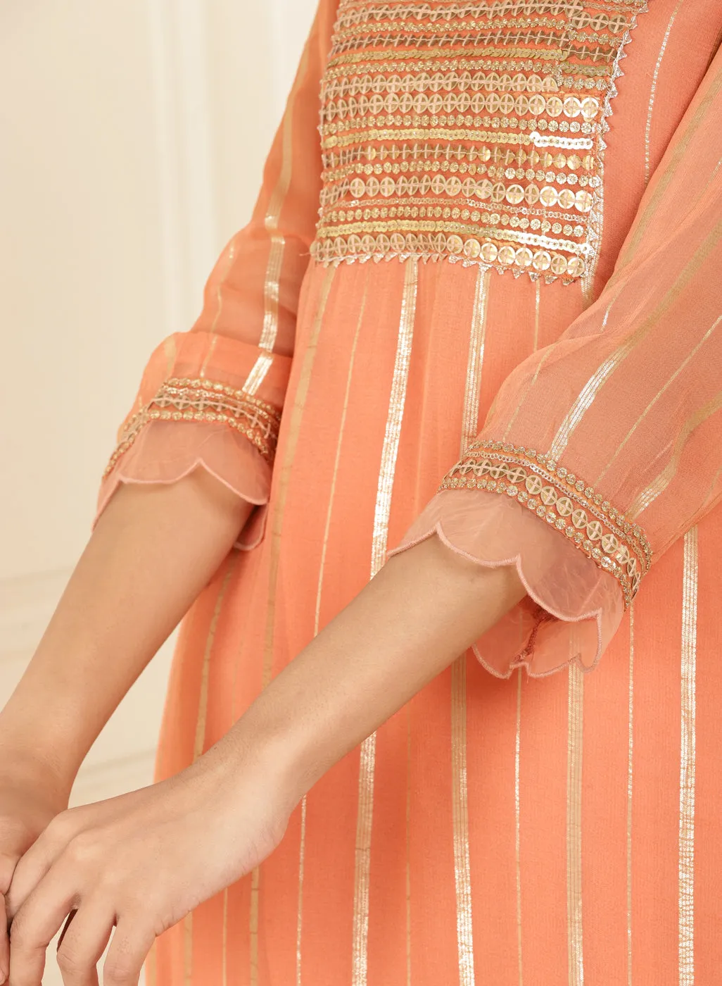 Peach  Co-ord Set with Sequin Work Kurta and Dhoti