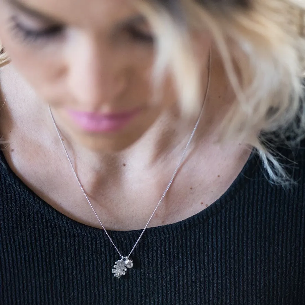 Silver Acorn & Oak Leaf Charm Necklace ~ Dainty & Minimalist Woodland Theme