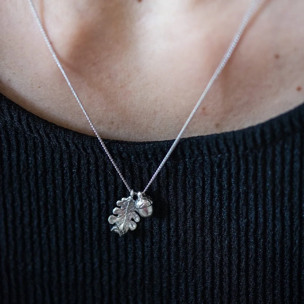 Silver Acorn & Oak Leaf Charm Necklace ~ Dainty & Minimalist Woodland Theme