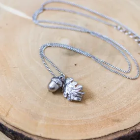 Silver Acorn & Oak Leaf Charm Necklace ~ Dainty & Minimalist Woodland Theme