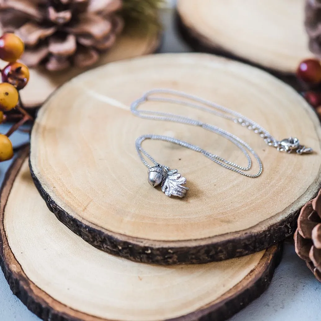 Silver Acorn & Oak Leaf Charm Necklace ~ Dainty & Minimalist Woodland Theme