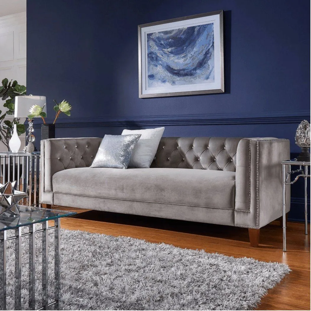 Silver Orchid Jewel-tuft Grey Suede Seating with Nailhead