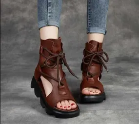 Zipper Leather Wedge Sandals